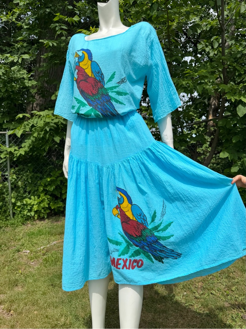Vintage GAUZE GAUCHO SET Mexico Mexican Parrots Blouse Top Set Shorts 1980s